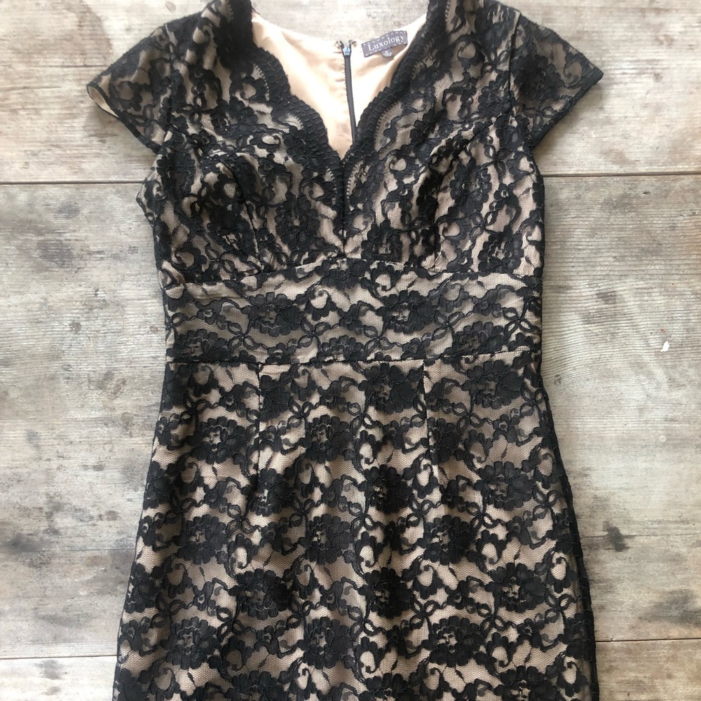 Lace overlay black and nude sheath dress